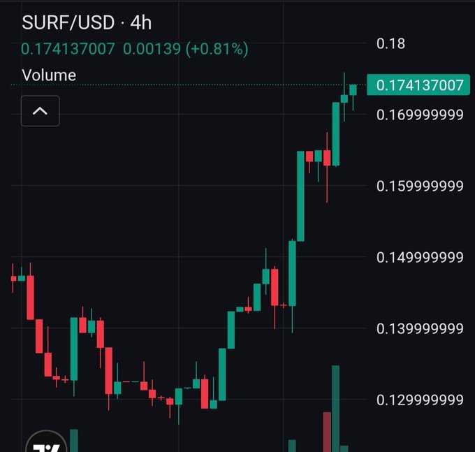 A 4-hour candlestick price chart for the SURF/USD trading pair, showing the price at 0.174137007 with a +0.81% increase.