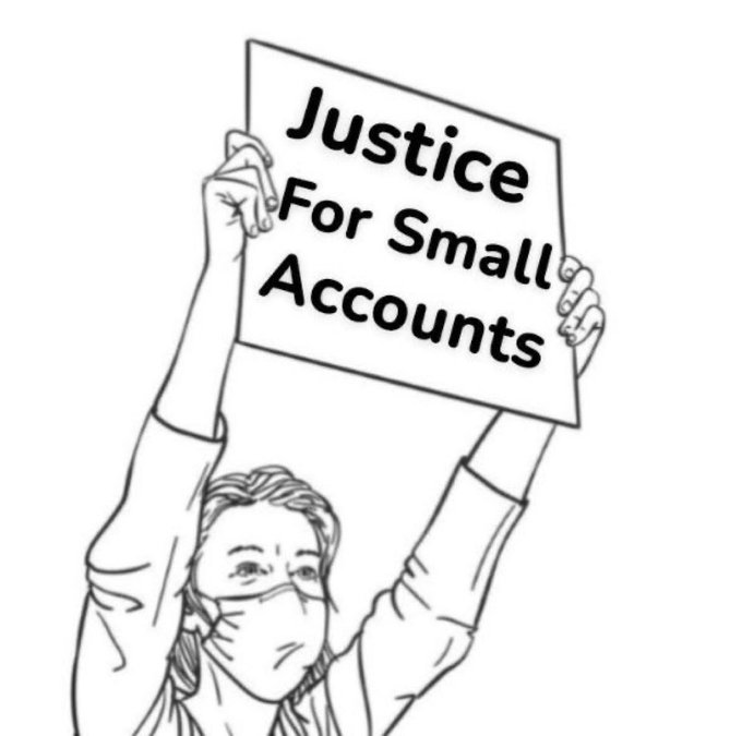 A black and white line drawing of a masked woman holding up a sign that reads 'Justice For Small Accounts'.