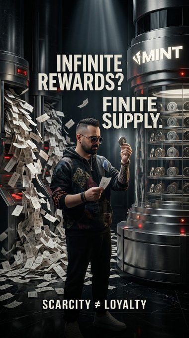 A promotional poster featuring a man in a hoodie standing between slot machines spewing money and a 'MINT' branded cylinder, with text reading 'INFINITE REWARDS? FINITE SUPPLY.' and 'SCARCITY ≠ LOYALTY'.