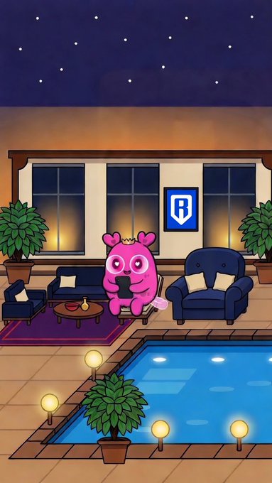 A cartoon illustration shows a pink crowned character sitting on a couch holding a phone next to a swimming pool, with a framed 'R' logo on the wall behind them under a starry night sky.