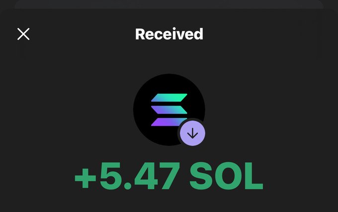 A screenshot showing a cryptocurrency wallet confirmation of "+5.47 SOL" (Solana) received, displayed beneath a Solana logo with a download arrow. The image matches the post's caption celebrating a notable 5.47 Solana deposit arriving in the user's wallet.