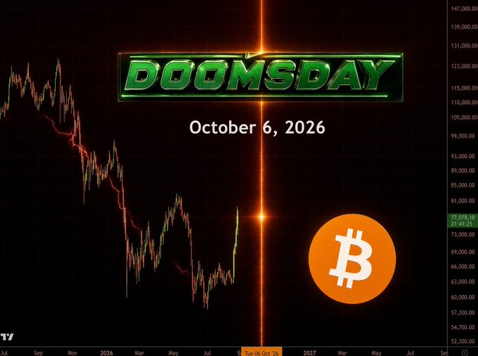 A dramatic financial chart dated October 6, 2026 features a glowing "DOOMSDAY" banner above a Bitcoin (₿) logo, with the price axis showing BTC trading around $77,078 against a steep downtrend of red and green candlesticks—illustrating the countdown hype referenced in the "#BTC 19 more days until DOOMSDAY" post.