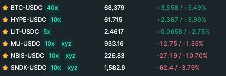 A cryptocurrency trading interface displays perpetual futures pairs (BTC-USDC, HYPE-USDC, LIT-USDC, MIL-USDC, NBIS-USDC, SNDK-USDC) with their prices and percentage changes in green and red.