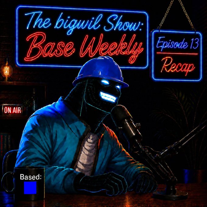 Neon-styled promotional image for 'The bigwil Show: Base Weekly, Episode 13 Recap' featuring an animated character with a glowing smile and hard hat sitting at a podcast microphone with a 'Based:' mug.