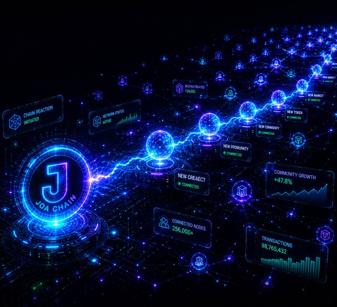 Futuristic blue blockchain visualization labeled 'JOA CHAIN' showing metrics like 126,553 blocks created, 256,000+ connected nodes, 98,765,432 transactions, and +47.8% community growth.