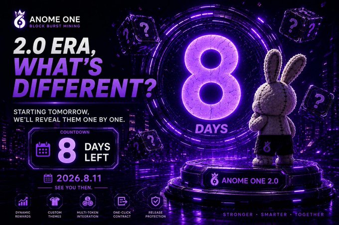 An Anome One promotional graphic announcing a 2.0 Era with an 8-day countdown to August 11, 2026, featuring a knitted rabbit figurine and features like Dynamic Rewards, Custom Themes, and Multi Token Integration.
