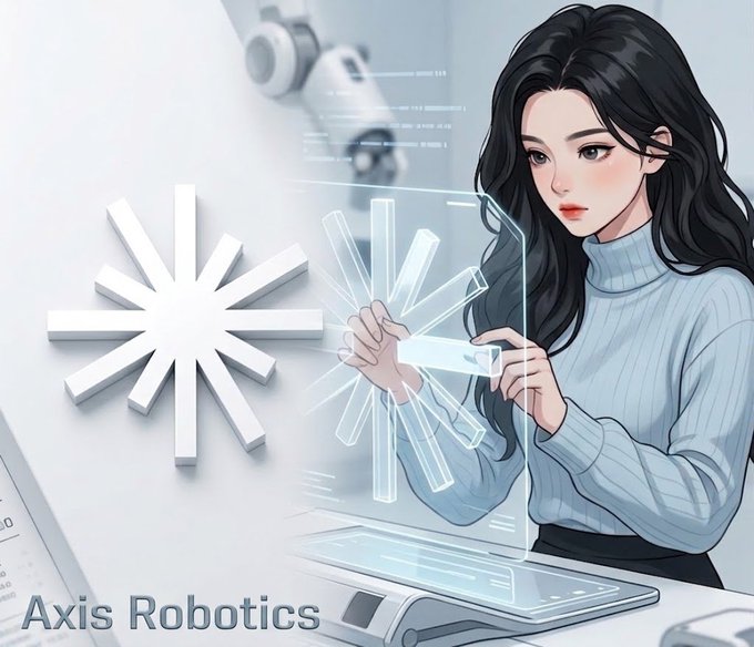 An anime-style illustration shows a woman interacting with a holographic projection displaying the Axis Robotics logo, with the text "Axis Robotics" visible in the corner. The image visually reinforces the post's message about Axis Robotics as a system that filters participants through meaningful workload and task execution.