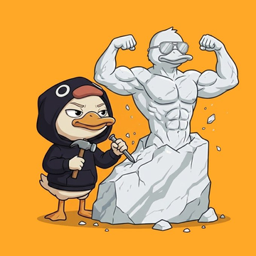 The image features two ducks - one duck wearing a hoodie and holding a hammer, while another duck stands next to a large rock with its arms raised. The text above the image reads "the noise around @wallchain Select tells you everything you need to know. Some see a live campaign, others recognize the true hurdle. It'S not about being first or cheapest. The real gme is a lonf one, built on reputation that actually compounds".