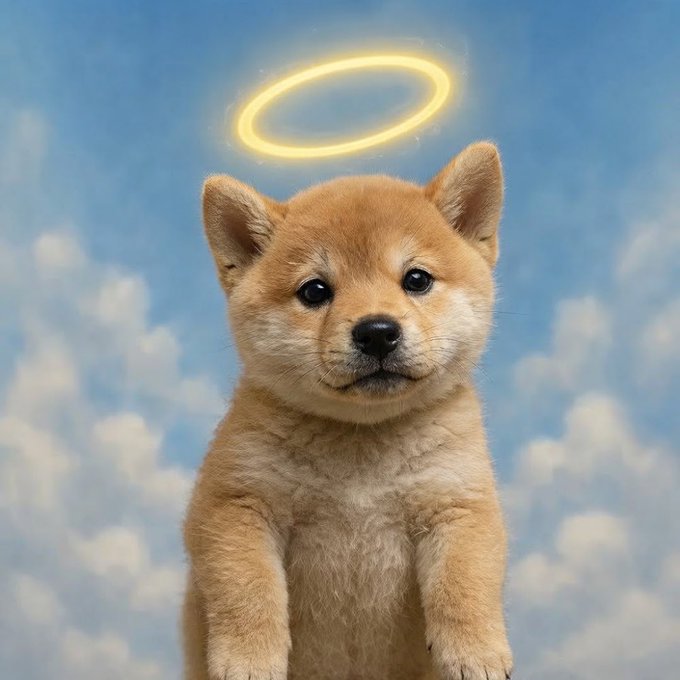 A Shiba Inu puppy with a glowing halo above its head floats against a cloudy sky, presented as an angelic "good boy." The image humorously pairs with the post's declaration of "$HI" being a heavenly investment opportunity, with the haloed dog serving as a divine mascot.