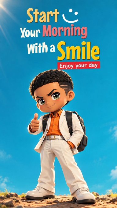 Cheerful vertical poster with the text 'Start Your Morning With a Smile - Enjoy your day' featuring a 3D cartoon-style boy with a backpack giving a thumbs-up against a blue sky background.