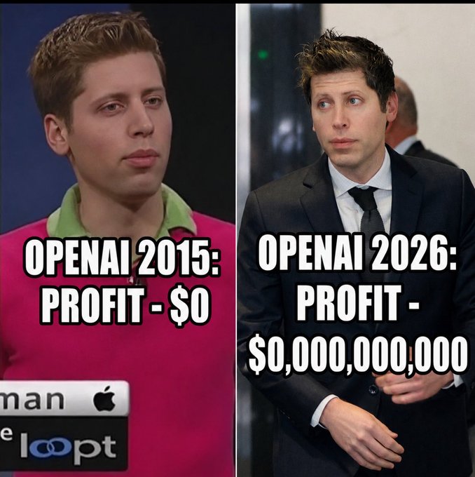 A side-by-side comparison meme features Sam Altman in a pink polo on the left labeled "OPENAI 2015: PROFIT - $0" and Sam Altman in a suit on the right labeled "OPENAI 2026: PROFIT - $0,000,000,000," humorously suggesting zero profit in both years.