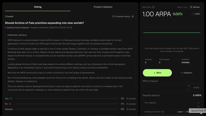 A screenshot of a voting page asking 'Should Archive of Fate prioritize expanding into new worlds?' with voting options Yes, No, and Abstain, alongside ARPA token price information showing 1.00 ARPA.
