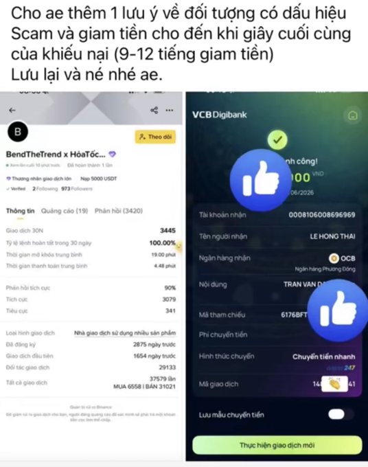 A Vietnamese-language post warns about scam accounts and price reductions, showing screenshots from a Binance-style trading profile and a VCB Digibank transaction confirmation.