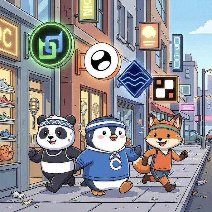 A colorful cartoon illustration of three anthropomorphic animals—a panda, penguin, and fox wearing athletic headbands—running down a city street, with various cryptocurrency logos (including what appears to be SUI and NEAR) displayed as shop signs above them.