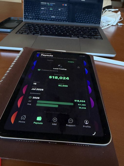A tablet resting on a notebook displays the 'Lucid Trading' payouts dashboard showing $18,024 total earned in Jul 2026, with an open laptop in the background.