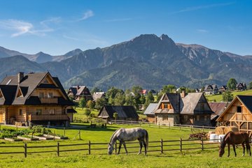 A scenic mountain village with traditional wooden houses, grazing horses, and snow-capped Tatra peaks in the background provides a peaceful "touch grass" backdrop for Superteam Poland's Solana founder gathering in Zakopane.