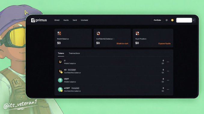 A cryptocurrency wallet dashboard branded “primus” shows Wallet Balance, Confidential Balance, Vault Position, and token balances, with the watermark “@its_veteran1” at the lower left.