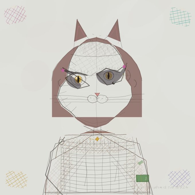 A wireframe/3D model sketch of a cat-headed humanoid figure with a stern expression, surrounded by colorful grid patterns in the corners.