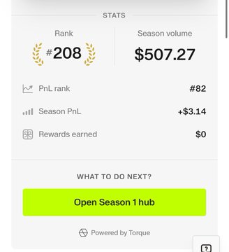 A 'STATS' panel showing a Rank of #208, a Season volume of $507.27, a PnL rank of #82, Season PnL of +$3.14, and Rewards earned of $0, with a button to 'Open Season 1 hub'.