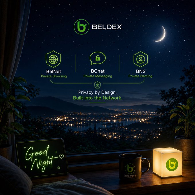 A nighttime promotional graphic for 'BELDEX' featuring a cityscape view from a window, highlighting 'BelNet Private Browsing', 'BChat Private Messaging', and 'BNS Private Naming', with a 'Good Night' neon sign, branded mug, and lamp in the foreground.