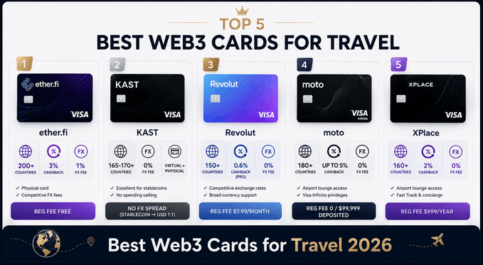 An infographic titled 'TOP 5 BEST WEB3 CARDS FOR TRAVEL' comparing ether.fi, KAST, Revolut, moto, and XPlace with details on countries, cashback, FX fees, and registration fees for 'Best Web3 Cards for Travel 2026'.