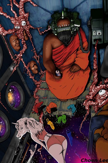 A comic book style illustration by Choen Lee featuring surreal imagery including a figure in orange robes with a technological headpiece, a unicorn, and strange pink tentacled creatures in a cosmic setting.