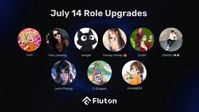 A 'July 14 Role Upgrades' announcement for Fluton featuring nine circular user avatars with usernames: Tinh, hoa_caivang, vangle, Honey Honey 🍯, SUSU, DeWin (ᵔᴥᵔ), Lenh Phong, G-Dragon, and mina6039.
