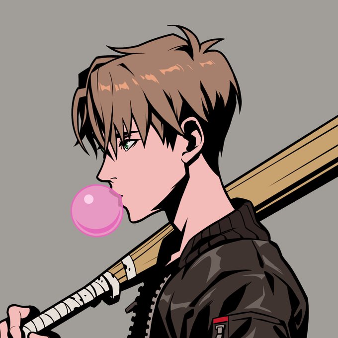 An anime-style illustration of a brown-haired character in a black jacket blowing a pink bubblegum bubble while carrying a wooden bat over their shoulder.