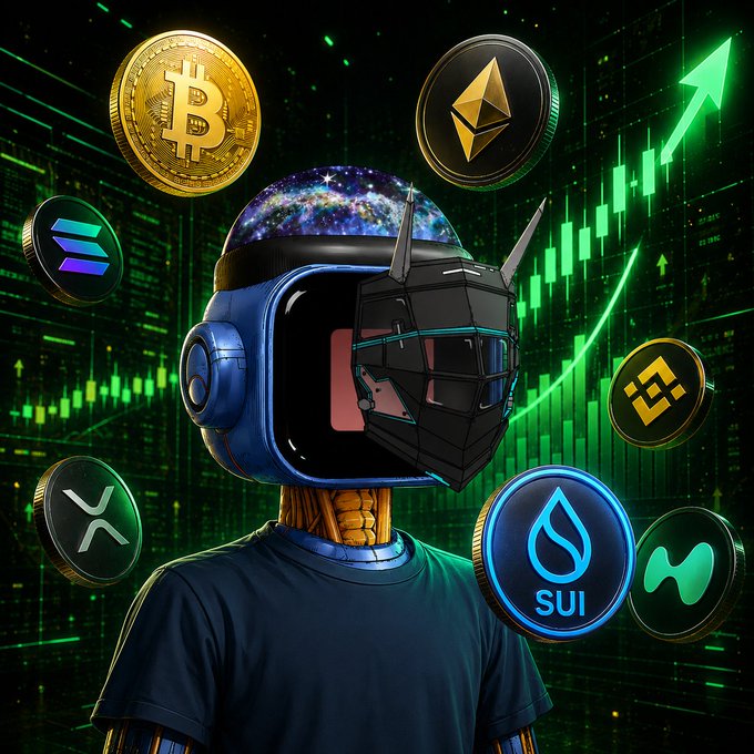 A digital illustration of a robot with a galaxy-filled head and helmet, surrounded by cryptocurrency coins including Bitcoin, Ethereum, Solana, BNB, XRP, and SUI, set against a green candlestick chart with an upward arrow.