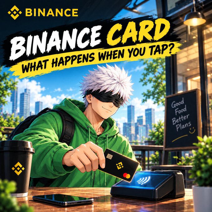 An anime-style illustration of a white-haired character in a green hoodie tapping a Binance Card on a payment terminal, with the text 'BINANCE - BINANCE CARD - WHAT HAPPENS WHEN YOU TAP?'