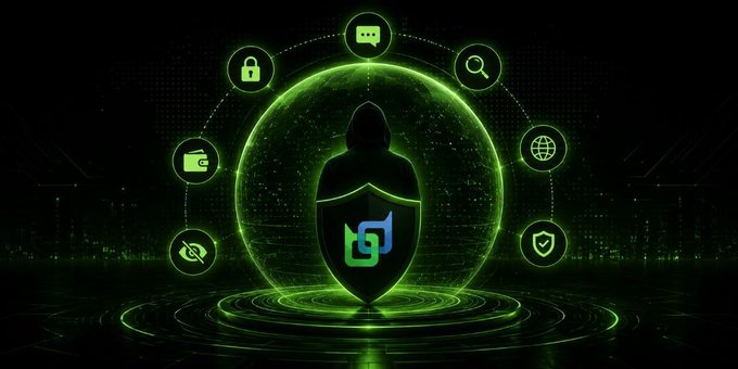 A dark digital graphic featuring a hooded figure within a green glowing shield, surrounded by various tech and security icons.