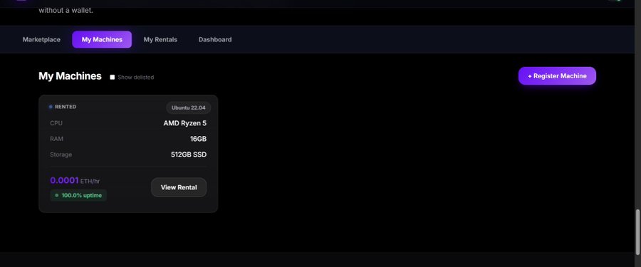 A dashboard interface showing "My Machines" with a rented Ubuntu 22.04 server featuring an AMD Ryzen 5 CPU, 16GB RAM, and 512GB SSD storage, currently running at 100.0% uptime with a price of 0.0001 ETH/hr.