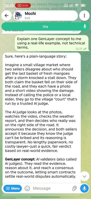 A Telegram chat screenshot with a bot named 'Mochi' shows a conversation explaining the GenLayer concept using a real-life example about a village market dispute involving AI judges.