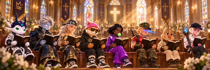 A group of cartoon-style characters sitting in church pews holding hymnals, with stained glass windows and a glowing cross in the background.