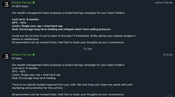 BitMart's PM ops team messages proposing a locked savings campaign with a 6-month term and ~15% APY for token holders, requesting subsidy budget from the project team. The messages, dated July 13 and edited at 3:06 AM, suggest the exchange was soliciting high-yield staking programs from project teams, which aligns with OpenGradient's co-founder Matthew's allegations that BitMart used attractive APY offerings to lock user funds on the platform.
