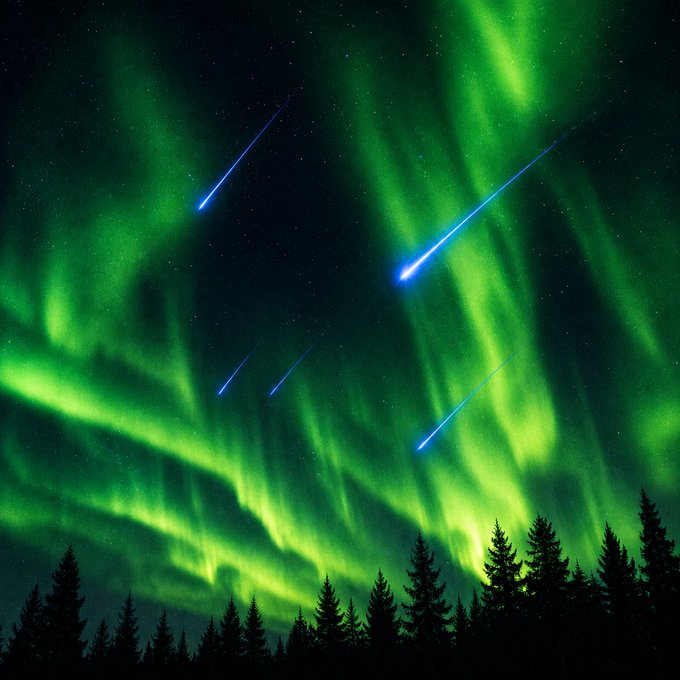 A vibrant night sky illuminated by green aurora borealis with bright meteors streaking across above a silhouette of pine trees, symbolizing cosmic alignment and a celestial signal. The image's striking otherworldly display visually represents the "signs" referenced in the post, evoking themes of discovery, wonder, and the anticipation of revealing which cryptocurrency coin is being hinted at.
