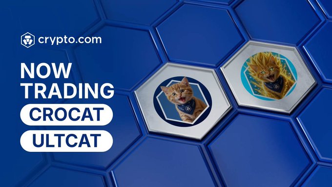A Crypto.com promotional graphic announcing CROCAT and ULTCAT tokens are now trading, featuring two cat images in hexagonal frames.