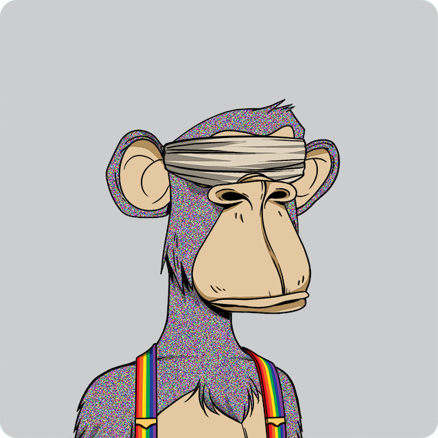 A digital illustration of a pixelated monkey character wearing rainbow suspenders and a beige blindfold over its eyes.