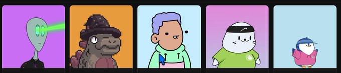 A row of five cartoon NFT profile pictures in different colors featuring various characters including an alien shooting lasers, a stone-faced figure, a purple-haired character, a egg-shaped character in a headband, and a small penguin.