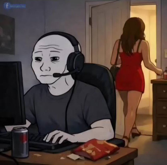 The image features a man sitting at a desk with headphones on, playing video games while wearing a black shirt. A woman dressed in red walks past him as he plays his game. The caption reads "I can't have sex right now babe I gotta buy the dip $wojak". This suggests that the man is currently focused on gaming and not engaging in any intimate activities with the woman, who is walking by while wearing a red dress.