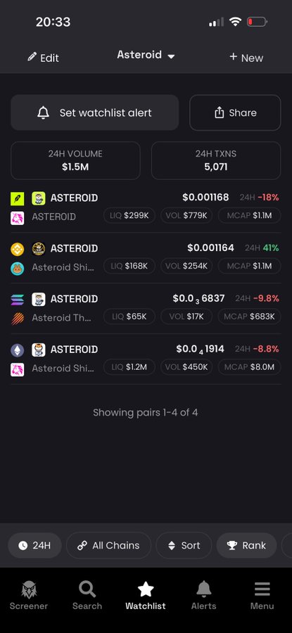 A cryptocurrency tracking app displaying watchlist data for the ASTEROID token, showing 24H volume of $1.5M and 5,071 transactions, with various trading pairs listed.