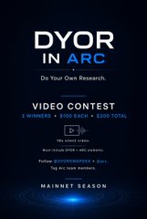 A promotional graphic for the "DYOR in ARC" video contest features bold text reading "Do Your Own Research" along with prize details of "3 WINNERS • $100 EACH • $300 TOTAL" and mentions that the best videos will be shown on DYOR Swap DEX's official X/Twitter channel, tying into the post's message about architects conducting thorough research in the ARC crypto ecosystem.