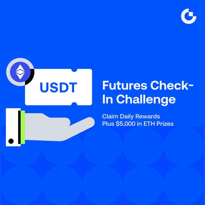 A blue promotional graphic from a cryptocurrency platform (marked with a "G" logo) advertises a "Futures Check-In Challenge," featuring an illustration of a hand holding a USDT voucher with an Ethereum (ETH) coin. The text highlights the offer of "Daily Rewards Plus $5,000 in ETH Prizes," reinforcing the post's message about claiming daily USDT rewards from a futures trading challenge.