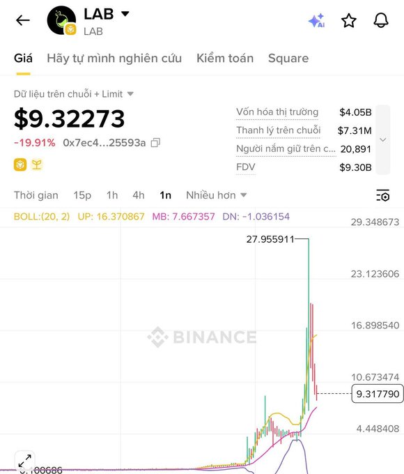 The image features a screenshot of an online financial trading dashboard for Binance Coin. It displays a graph that shows the value of their coin changing over time, with several peaks and valleys indicating fluctuations in price. The chart also provides information about other coins, as well as data on the market's performance and the price of token LAB.