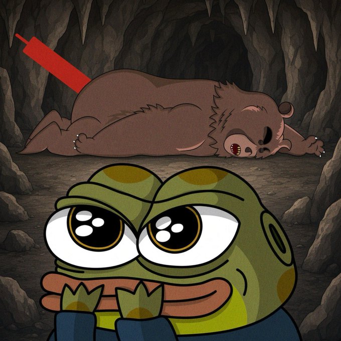 A cartoon frog with big, glossy eyes and clenched paws nervously stands in a dark cave, where a large brown bear lies sleeping on the ground with a red dart sticking out of its back—implying the frog accidentally tranquilized the bear and is now realizing its mistake, fitting the "Oops!!!" caption.
