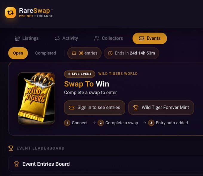 A screenshot of the RareSwap P2P NFT Exchange website showing a 'Swap To Win' live event for 'Wild Tigers World' with 38 entries and 24d 14h 53m remaining.