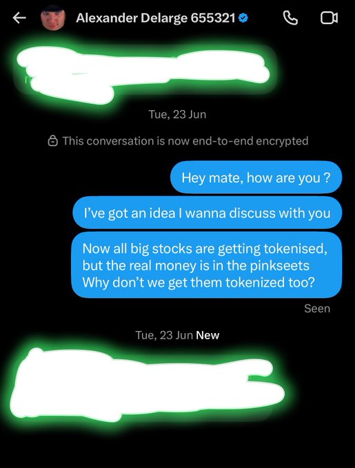 A WhatsApp chat screenshot with 'Alexander Delarge 655321' (with names redacted in green) discussing an idea about tokenizing stocks, mentioning that 'all big stocks are getting tokenised, but the real money is in the pinksheets.'
