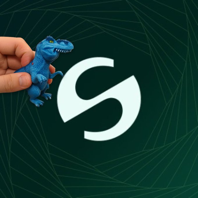 A hand holds a small blue toy dinosaur in front of a green background featuring a stylized white 'S' logo and geometric line patterns.