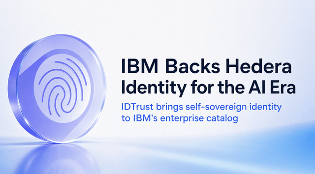 A promotional graphic featuring a 3D fingerprint icon alongside the headline "IBM Backs Hedera Identity for the AI Era" and subtext "IDTrust brings self-sovereign identity to IBM's enterprise catalog," visually supporting the announcement of IDTrust's listing in IBM's catalog.