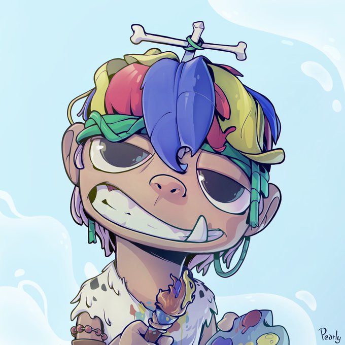 The image features a cartoon character with a colorful hat, holding a paintbrush and palette of colors. The character appears to be painting or creating something artistic. The background of the image is blue, which contrasts nicely with the vibrant colors of the character's outfit and the art supplies they are using. There is also text in the image that reads "Pearl" and "4 hours until the live drawing". This suggests that the post might be related to an ongoing cartoon or artistic project, possibly featuring a character like this one who is creating something unique and colorful.